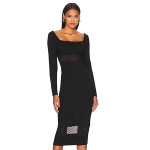 REMI x REVOLVE Jamie Midi Dress Black Stretch & Mesh Bodycon Long Sleeve SZ XXS